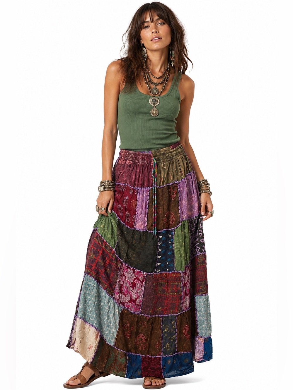 💗32. Bohemian Hippie Patchwork Cotton Maxi Skirt With Pockets